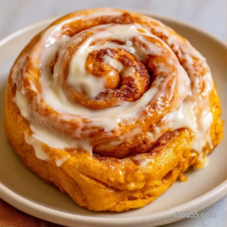A single swirled orange pastry on a white porcelain plate, finished with a glossy glaze and a dusting of spice.