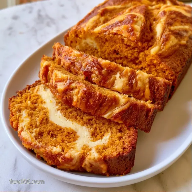 Two thick slices of moist orange bread with white creamy streaks served on a marble platter with a linen napkin.