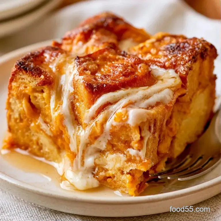 A square slice of orange spiced cake with cream cheese swirls and a drizzle of maple syrup on a white ceramic plate.