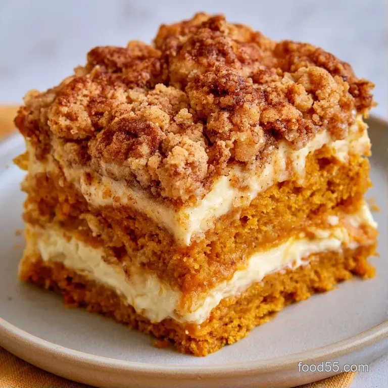 A triangular slice of spiced cake on a white plate, topped with a thick swirl of cream cheese and sandy crumbs.