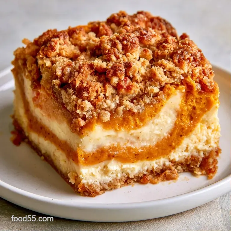 A neat square slice of warm cake showing distinct layers of orange pumpkin and white cream cheese on a white plate.
