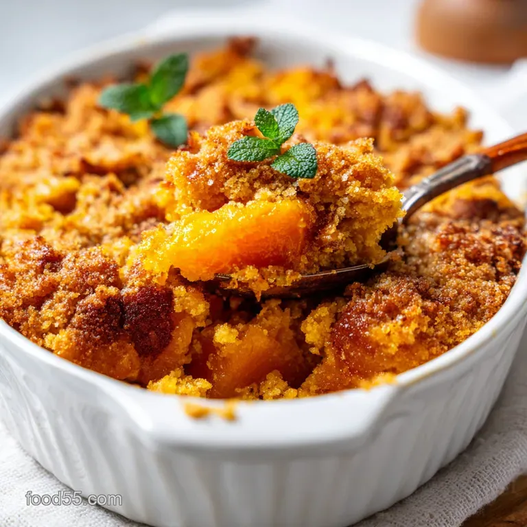 A scoop of warm pumpkin dessert, its creamy texture contrasting with a dusting of cinnamon and a dollop of whipped cream.