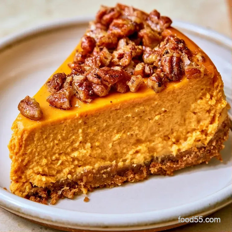 A slice of orange creamy cake with a crunchy brown base on a white plate, drizzled with glossy amber maple syrup.