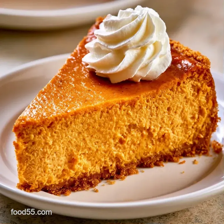 A slice of smooth orange cake on a white plate, topped with a cloud of whipped cream and a pinch of cinnamon.