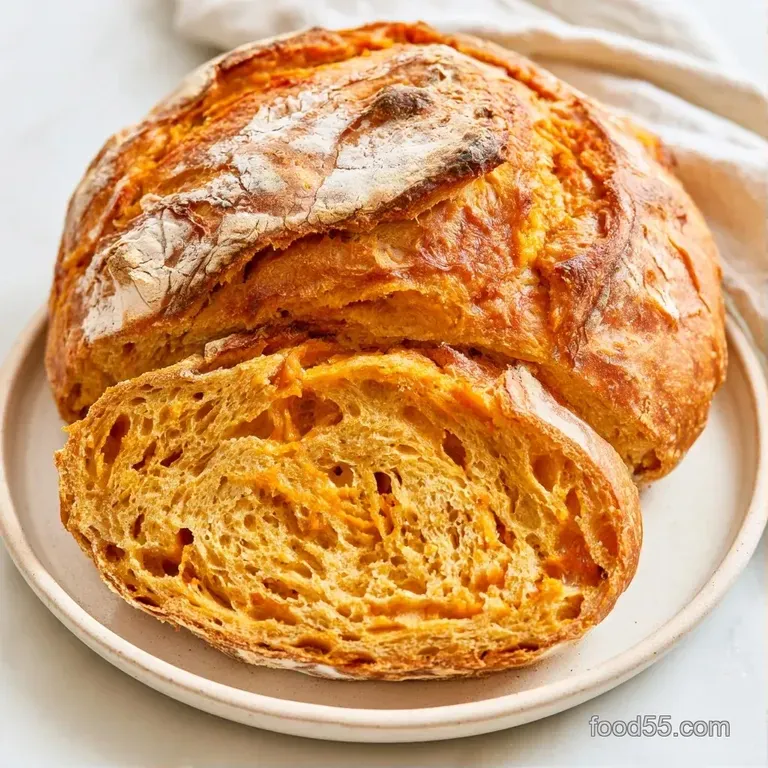 Thick slices of orange-hued artisanal bread on a marble slab, garnished with a sprinkle of coarse sea salt.