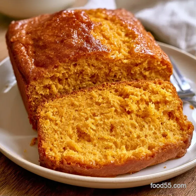 A thick slice of vibrant orange savory bread on a white plate, garnished with fresh herbs and cracked black pepper.