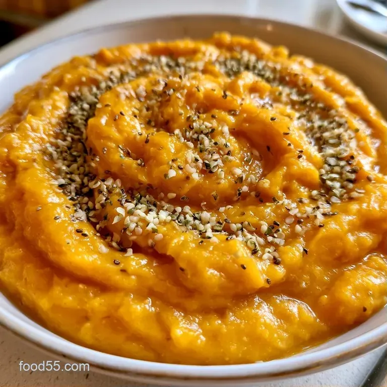 A smooth, orange-hued porridge in a white bowl garnished with a cinnamon stick and a swirl of creamy coconut milk.