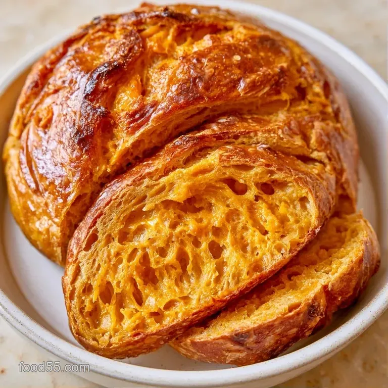 Sliced orange-hued artisan bread served on a wooden board with a side of softened butter and cinnamon sticks.
