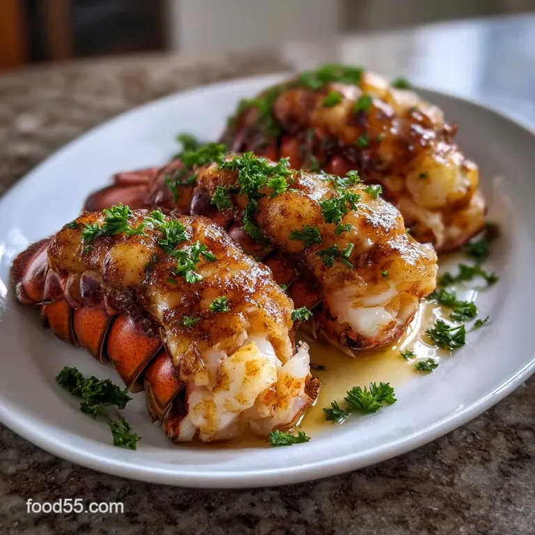Elegant lobster tail atop a bed of microgreens, with lemon wedges, showing tender, white lobster meat and a hint of charre...