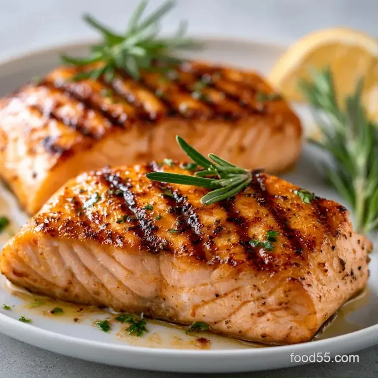 Seared orange salmon fillet atop a bed of vibrant green asparagus and a drizzle of glossy lemon butter sauce.