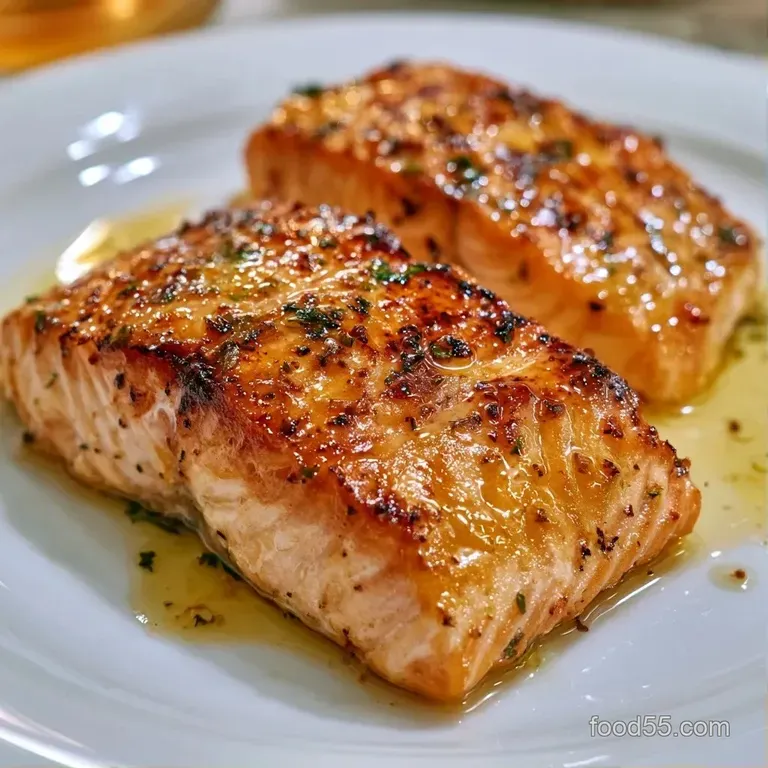 A seared pink salmon fillet on a white ceramic plate with a fresh lemon wedge and a sprig of vibrant green dill.