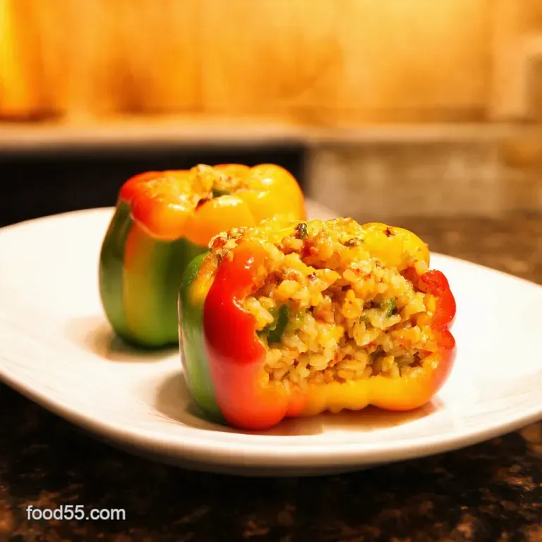 Rainbow Stuffed Peppers with Herbed Rice and Toasted Pine Nuts presentation