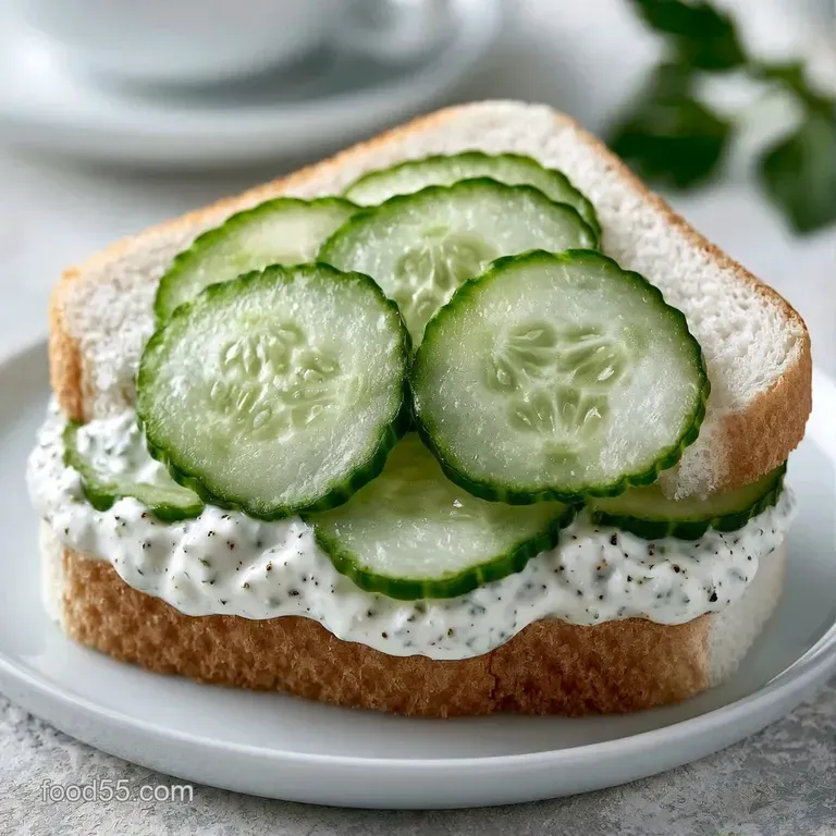 Dainty tea sandwiches with thin cucumber rounds and creamy filling, plated neatly on a white porcelain tray.