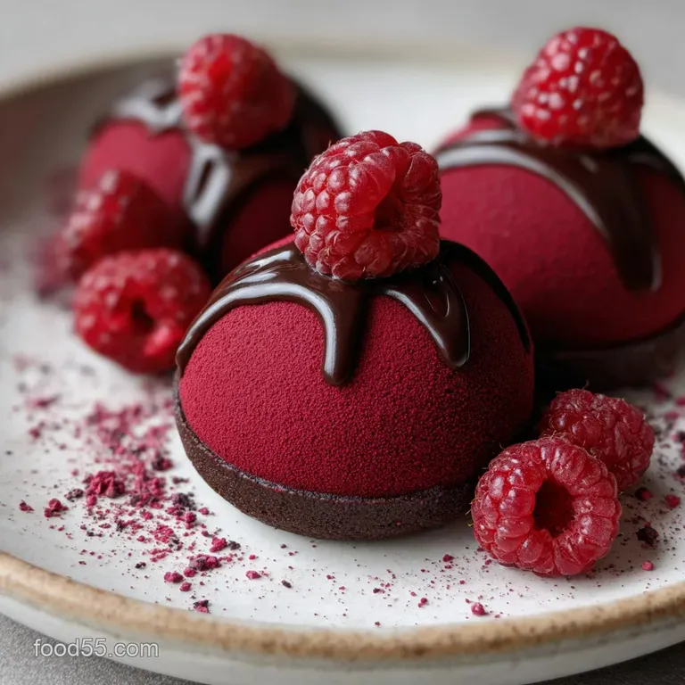 Elegant raspberry chocolate dessert, layered in a glass, adorned with a chocolate square and vibrant red raspberries.