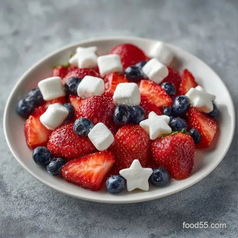 Fresh red berries, creamy white banana slices, and blueberries arranged in neat rows on a white ceramic platter.