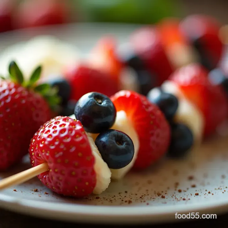 Allamerican Sparkle Red White and Blue Fruit Skewers with Tangy Lemony Cheesecake Dip presentation