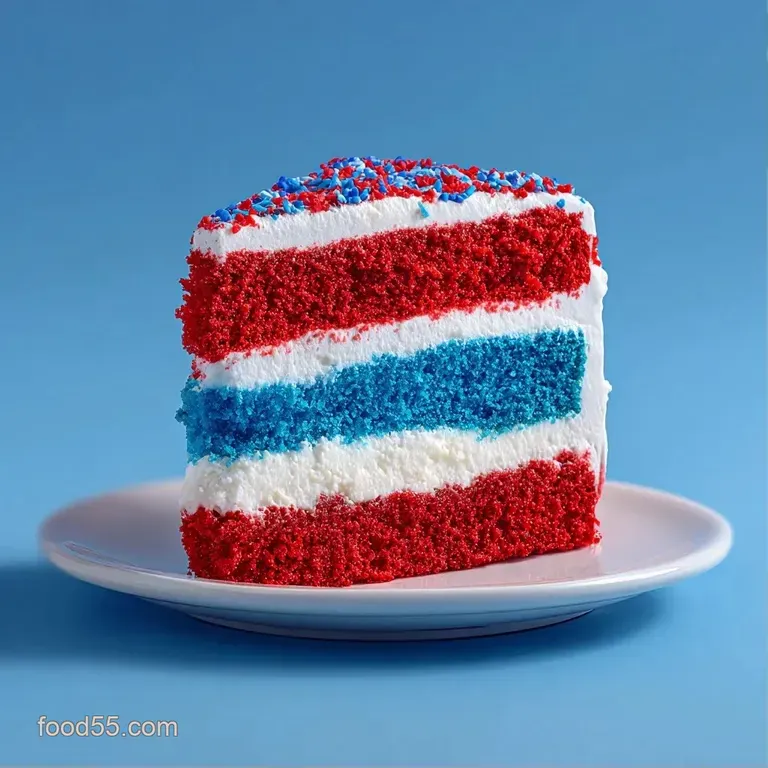 Elegant slice of tri-colored frozen cake on a white plate, adorned with fresh blueberries and a mint sprig.