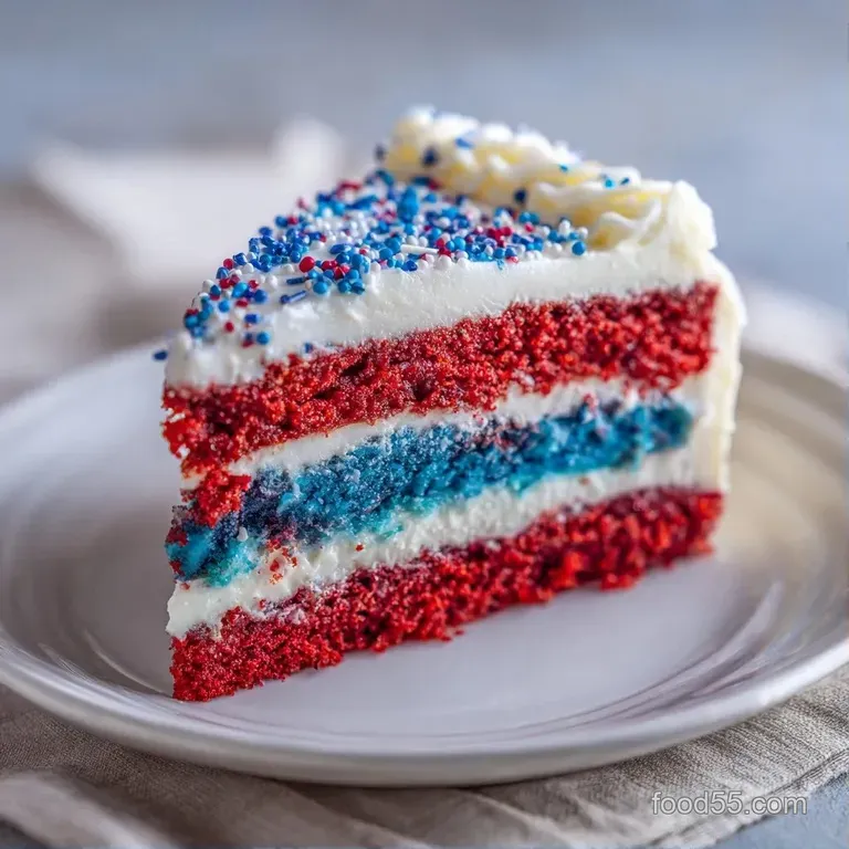 A precise slice of red, white, and blue cake on a porcelain plate, garnished with fresh berries and mint.