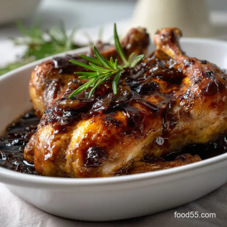 Elegant plate featuring a perfectly roasted partridge breast, drizzled with glossy sauce and paired with vibrant green her...