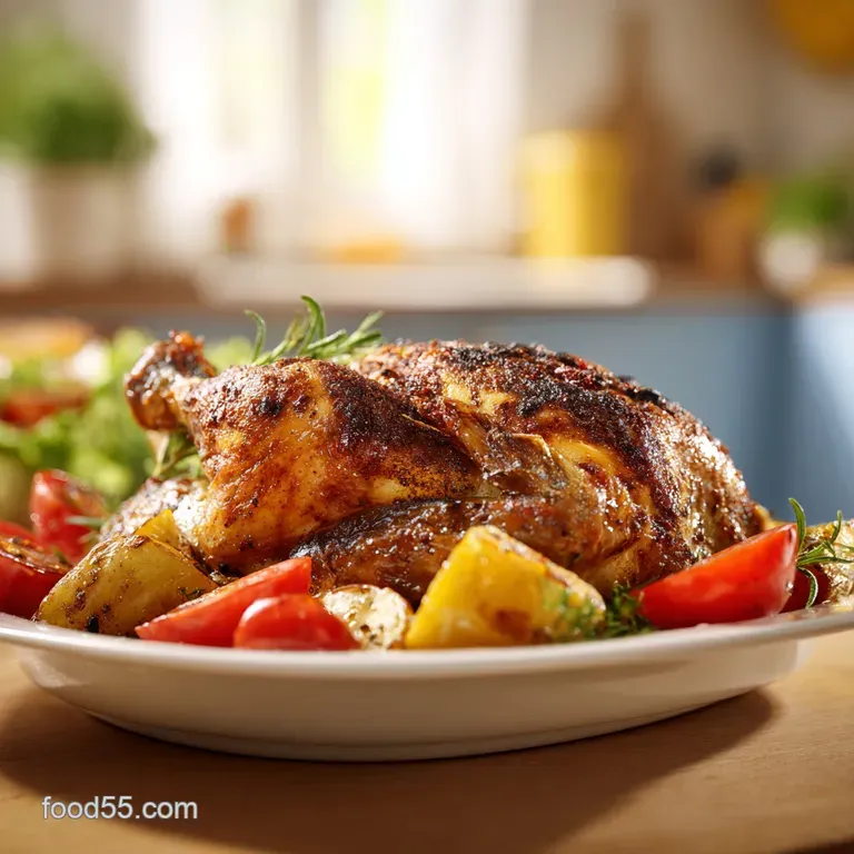 Juicy roasted chicken breast glistening with savory juices, plated with colorful vegetables, creating an inviting and appe...