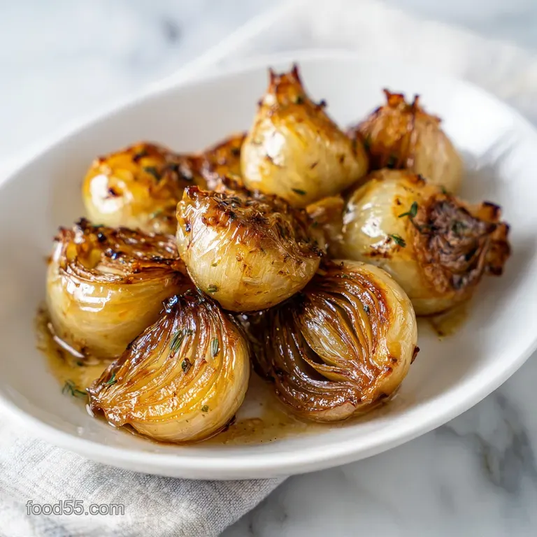 Plated lotus flower onion with glistening balsamic glaze. Delicate, layered petals cascade on a white plate.