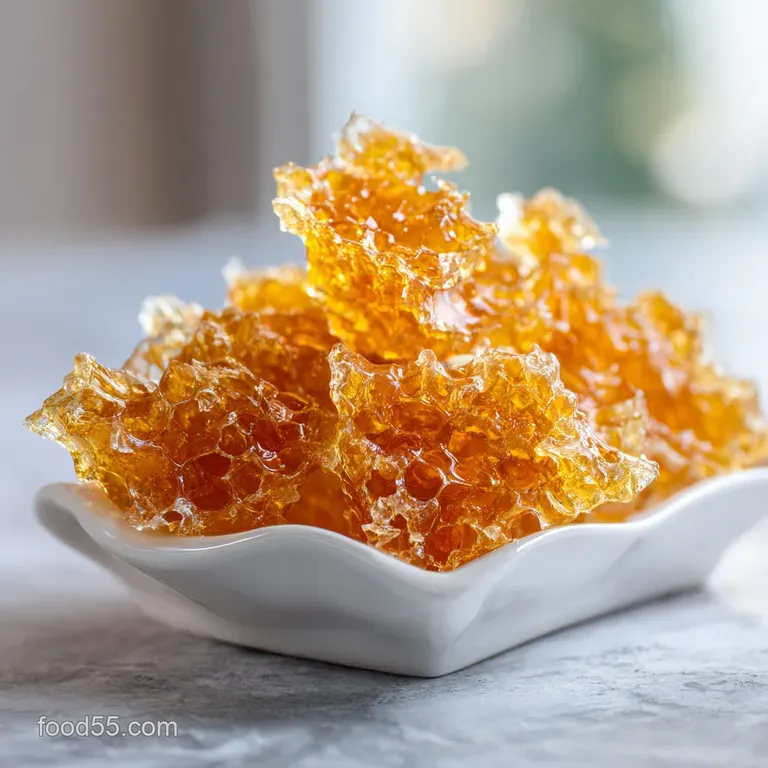 Delicate pieces of amber honeycomb candy artfully arranged on a slate plate, sprinkled with flaky salt for a sophisticated...