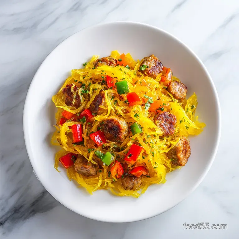 Golden cubes of squash and browned sausage pieces plated elegantly with colorful peppers and fresh herbs.