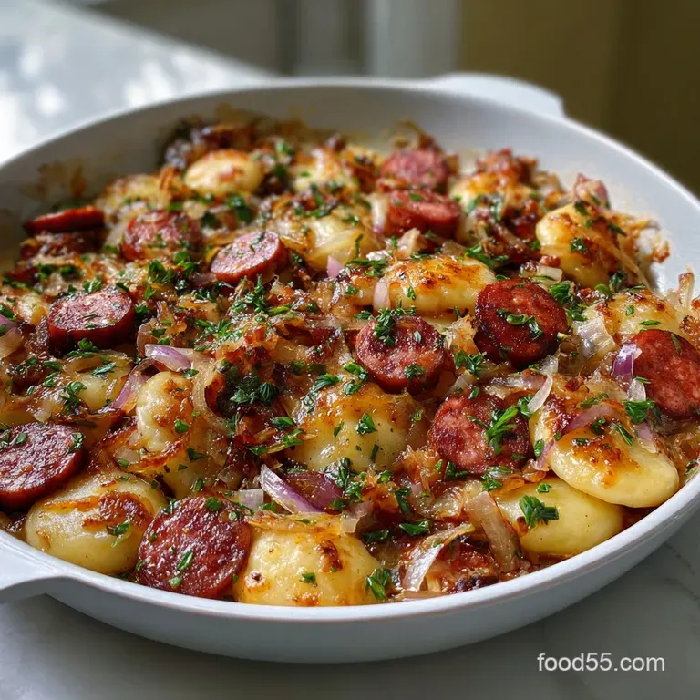 Sausage and Perogies: Ultimate Cheesy Skillet presentation