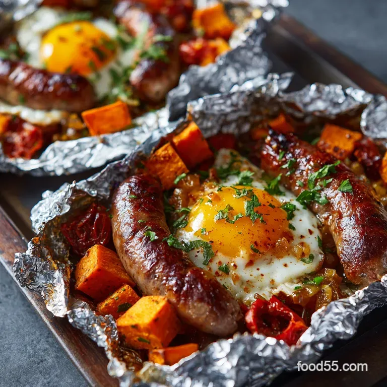 Breakfast Foil Packets: Savoury Sausage Sweet Potato for Camp or Home presentation