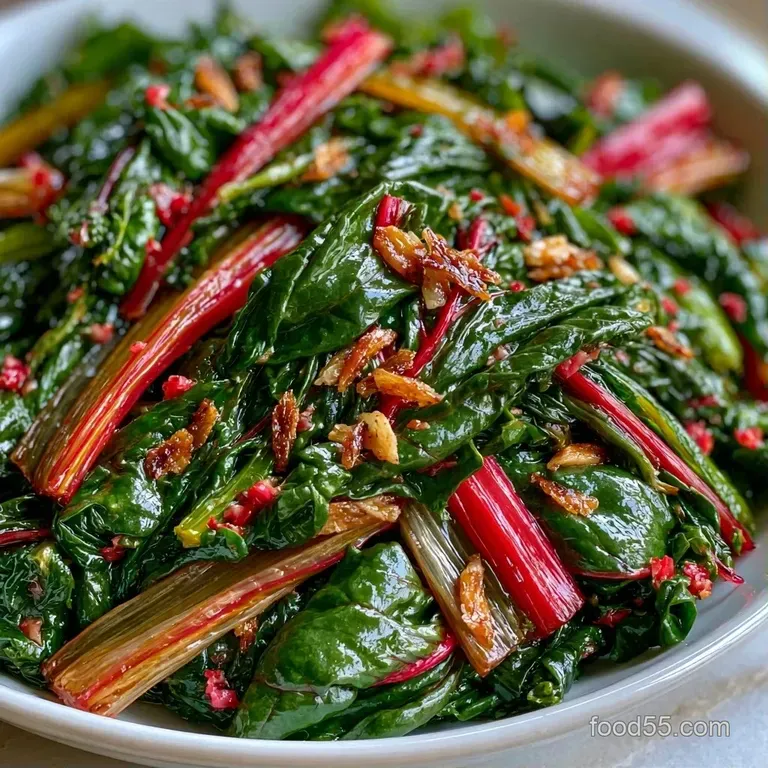 Vibrant colorful greens arranged elegantly on a white ceramic plate, topped with toasted garlic and a lemon wedge.