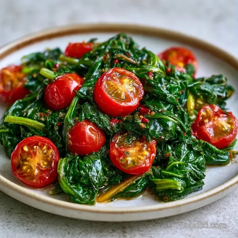 Vibrant green sautéed leaves and blistered red tomatoes served in a shallow white bowl with a drizzle of oil.