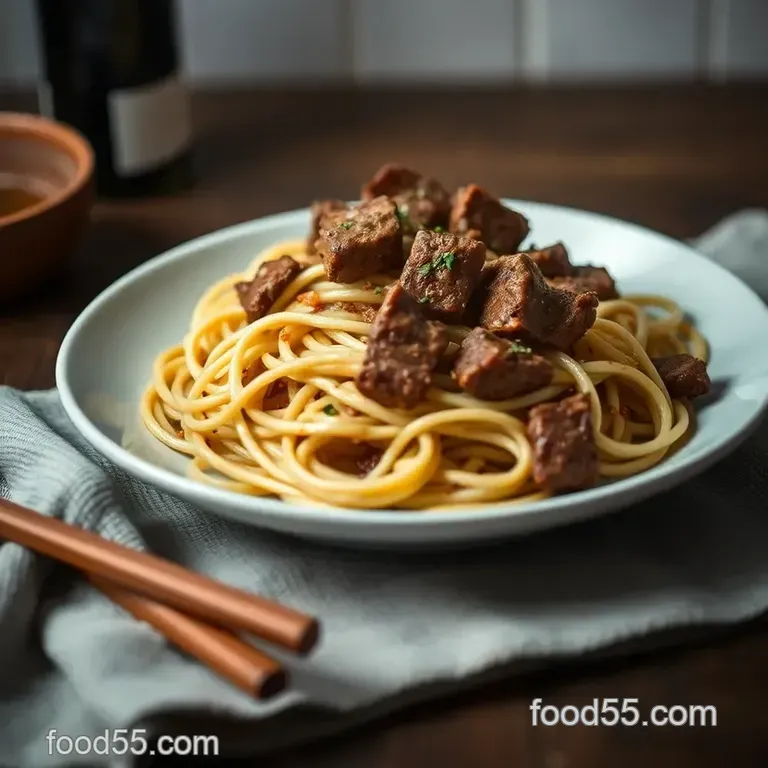 Savory Beef Tips and Noodles presentation