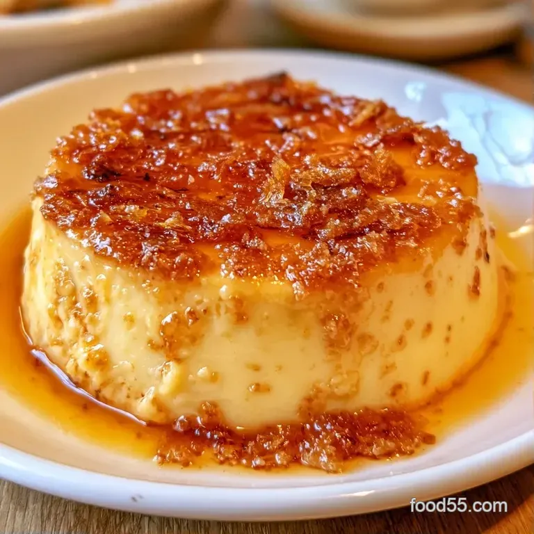 A small white ceramic ramekin filled with pale yellow custard and a thin, brittle layer of burnt sugar on top.