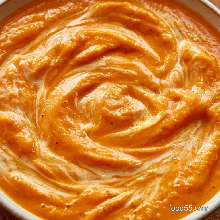 Elegant ceramic bowl of smooth orange soup with a white cream swirl and a sprig of fresh thyme on a rustic table.