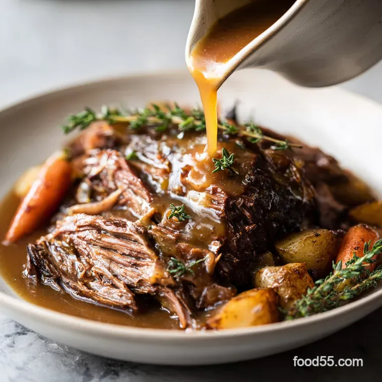 A thick slice of tender pot roast on a white plate, next to fork-tender carrots and potatoes; savory gravy drizzled over t...