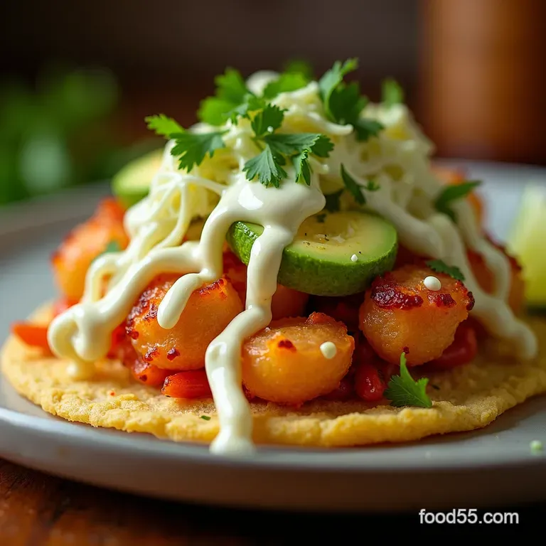 Scallop Tostadas with Limeavocado Crema and Quick Pickled Red Onion presentation