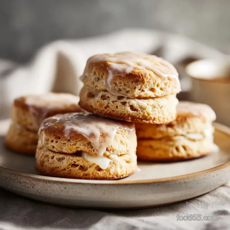 Empire biscuit on a delicate plate; flaky, buttery layers peek beneath sweet jam and icing. Colorful sprinkles glisten.