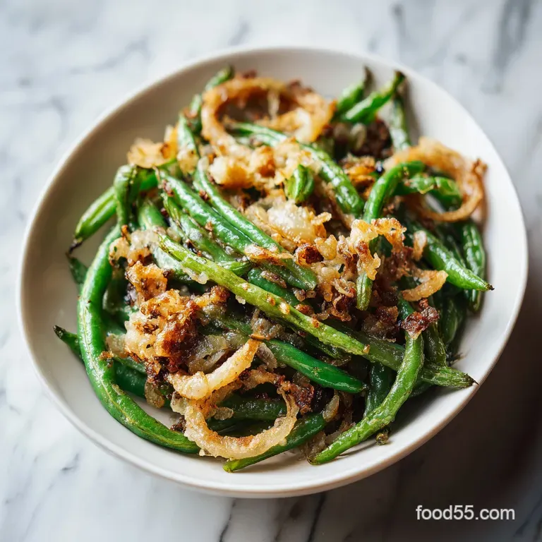 A serving of bright green bean casserole, steam rising, atop a white plate; golden fried onions add inviting crunch.