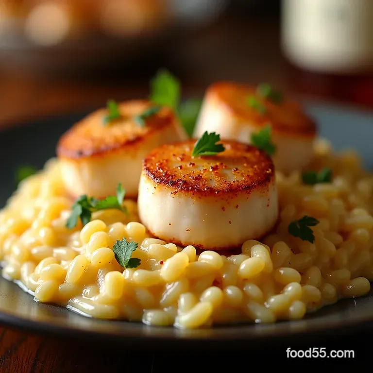 Seared Scallops over Creamy Parmesan Risotto presentation