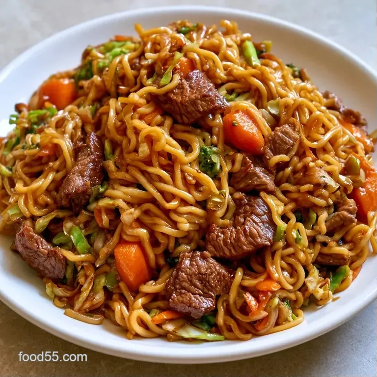 A deep ceramic bowl filled with glistening noodles and beef, topped with toasted sesame seeds and sliced green onions
