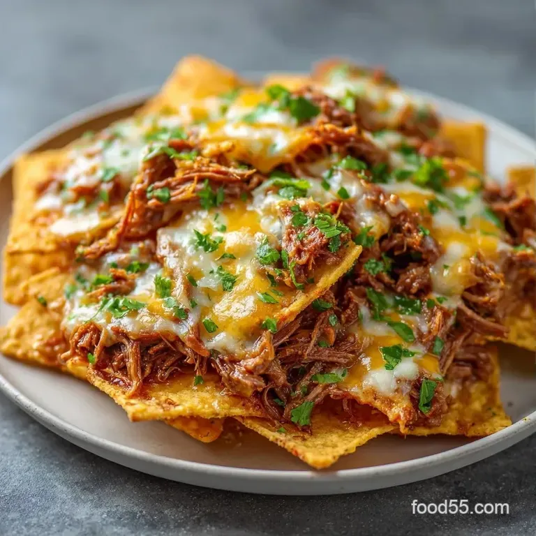 Golden corn chips layered with savory beef and melted cheese, garnished with fresh cilantro on a rustic platter.