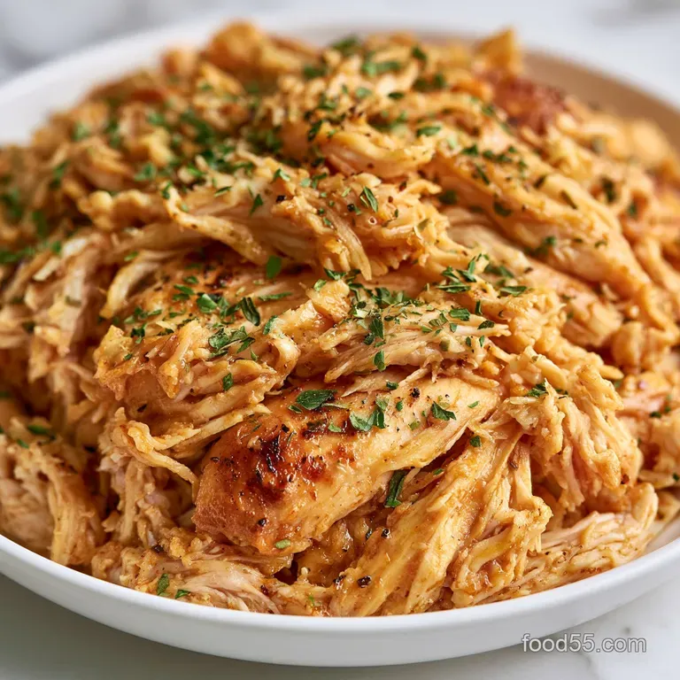 Piles of tender shredded white meat served on a modern white plate with steamed greens and a fresh lemon wedge.