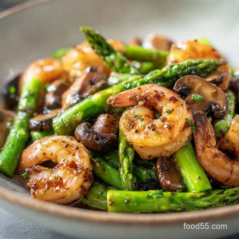 Vibrant pink shrimp and crisp green asparagus served in a white ceramic bowl with a sprinkle of toasted sesame seeds.