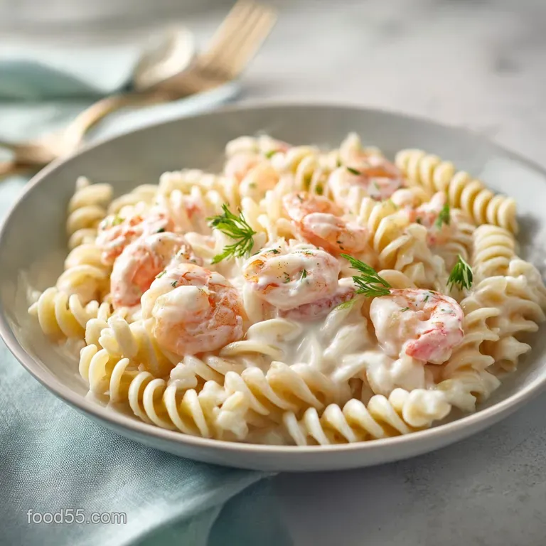 Elegant plating of creamy pasta and pink shrimp garnished with fresh greens and a lemon wedge on a white platter.