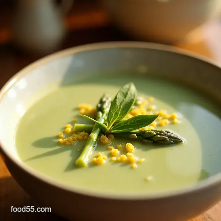 Silky Springtime Dream Classic Cream of Asparagus Soup with Lemon Zest presentation
