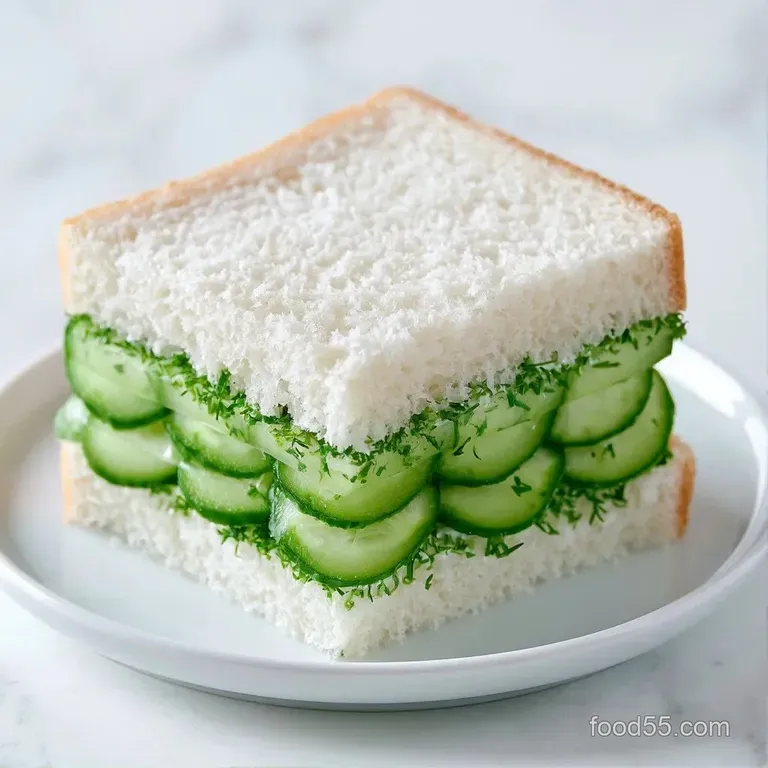 Neatly arranged crustless finger sandwiches on a white porcelain platter, garnished with sprigs of fresh green dill.