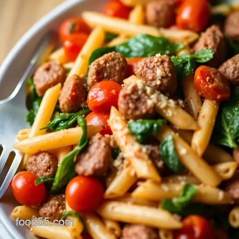 Sizzling Sausage Penne with Spinach and Cherry Tomatoes presentation