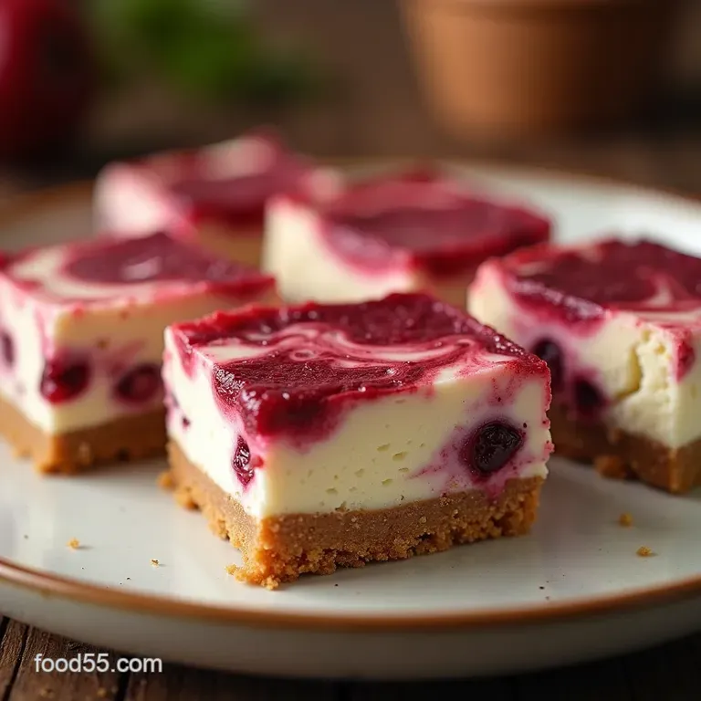 Light Bright Skinny Cranberry Swirl Cheesecake Squares with a Gingersnap Crust presentation