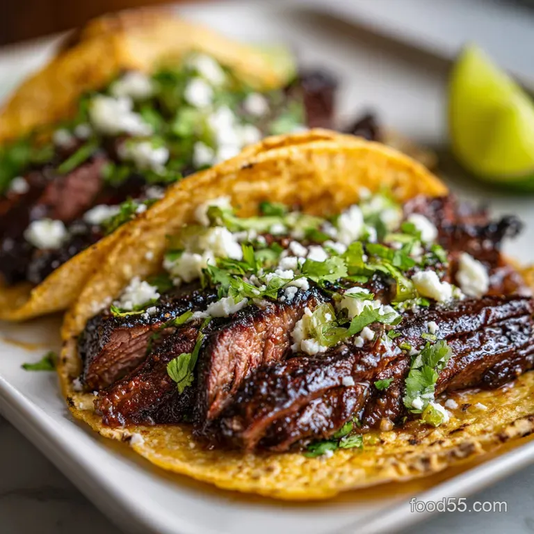Elegant arrangement of skirt steak tacos with lime wedges and vibrant cilantro, served on a rustic wooden board ready to b...