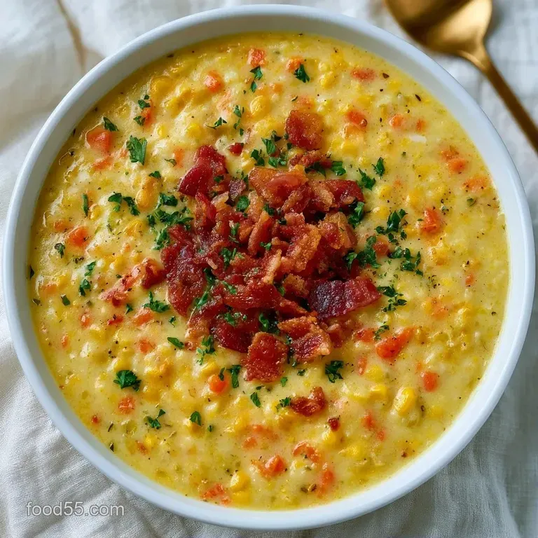 Creamy yellow soup in a white bowl on a wooden table, garnished with a sprig of parsley and toasted sourdough bread.